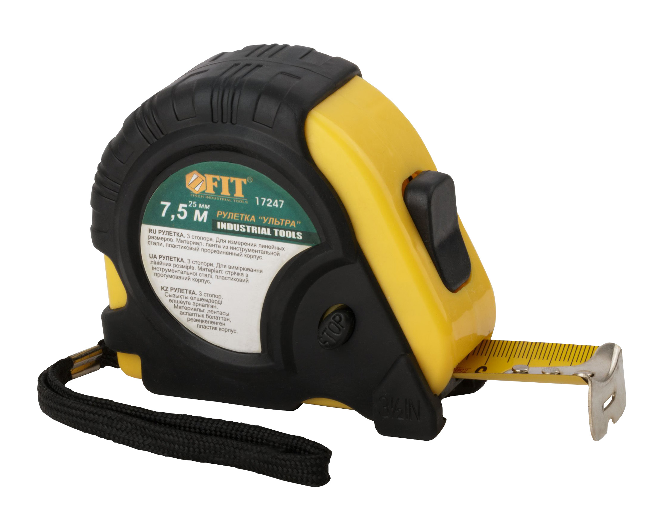 Рулетка FIT Ультра, в прорезиненном корпусе, тройной стопор, 7,5 м*25 мм