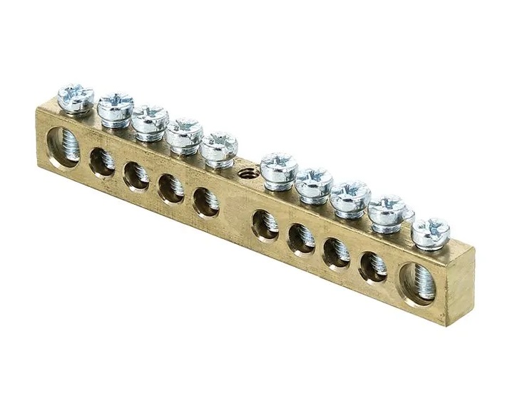 Шина PEN PROxima EKF "ноль-земля", 6*9 мм, 10 отверстий. латун, крепеж по центру