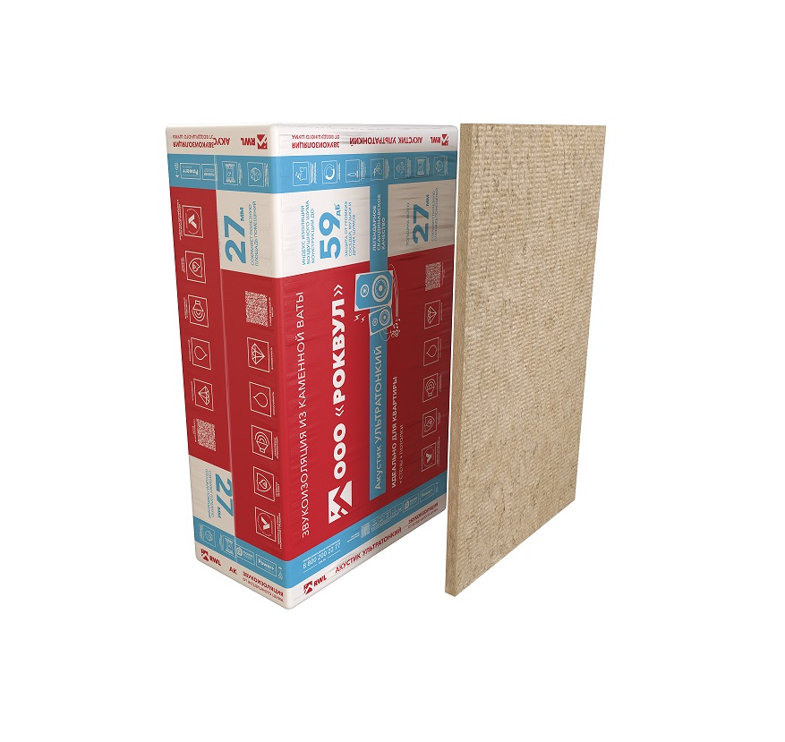 Звукоизоляция РОКВУЛ Акустик УЛЬТРАТОНКИЙ, 0,194 куб.м, 12 шт., 1000*600*27 мм