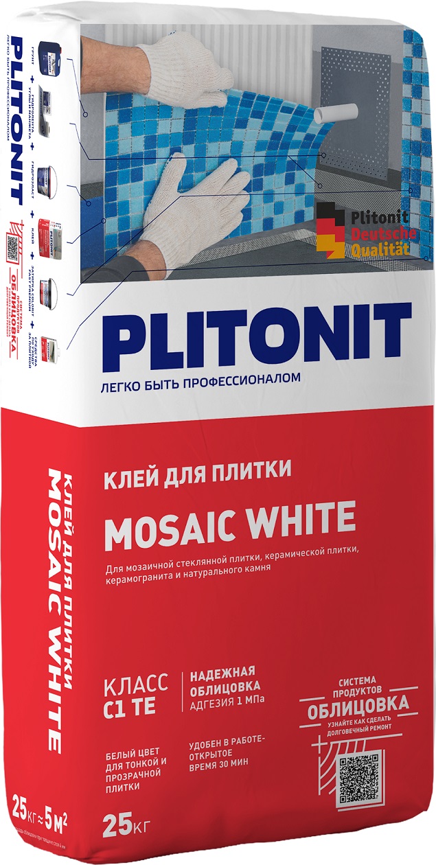 Клей PLITONIT Mosaic White для плитки, мозаики, керамогранита, натурального камня, 25 кг