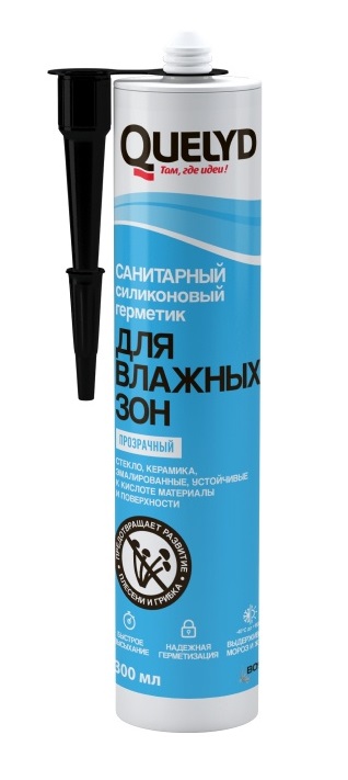 Герметик QUELYD санитарный, силиконовый, для влажных зон, прозрачный, 300 мл